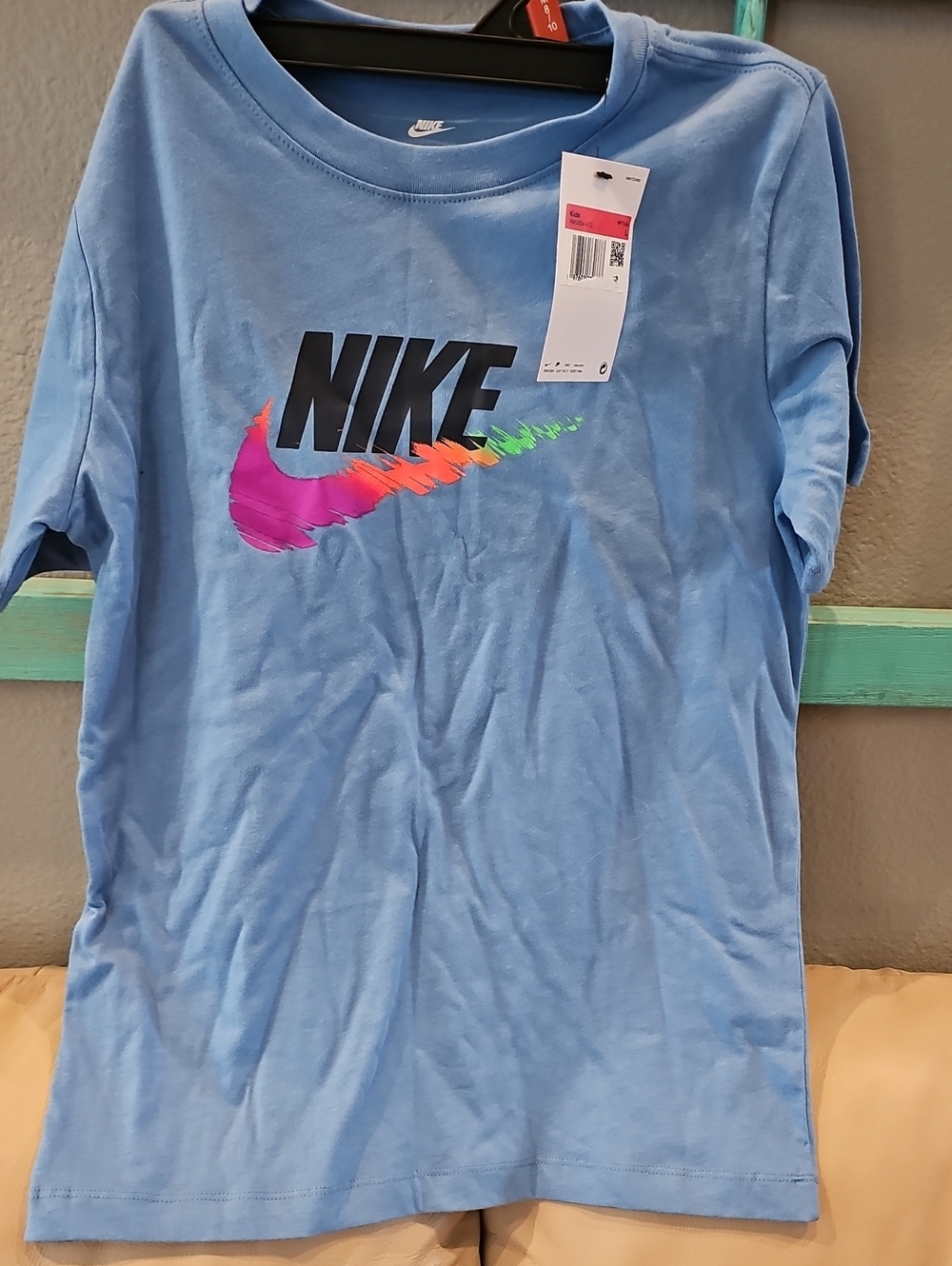 Nike Light Blue Tee with Multicolor Swoosh Logo